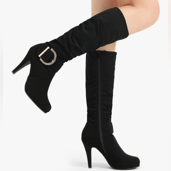 Dream Pairs Paris Black Heeled Boots with Rhinestone Buckle 8.5M - Picture 5 of 5